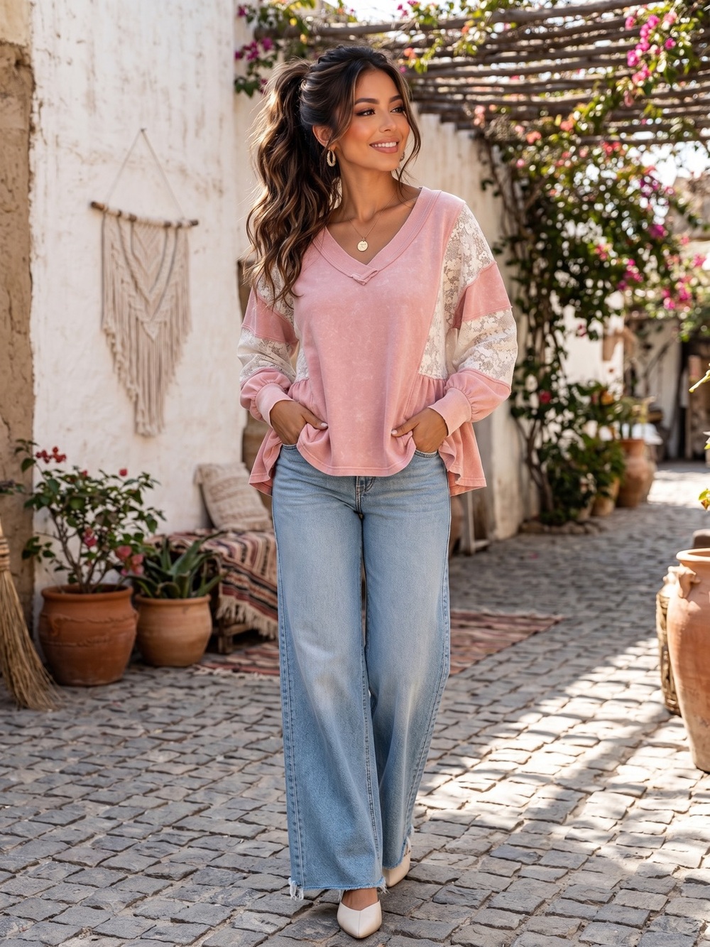 🌟B741. Boho Chic Pink V Neck Pullover with Lace Accent Sleeves